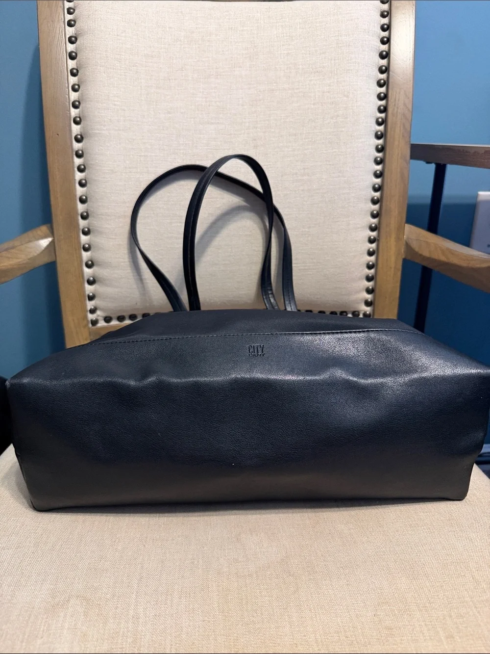 DKNYC Black Nylon Tote Bag with Leather Trim